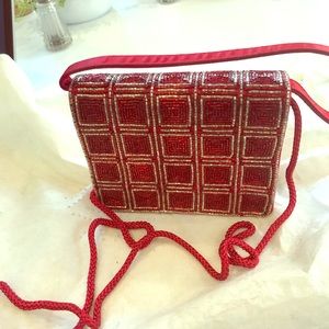 Brand new red and silver beaded evening handbag